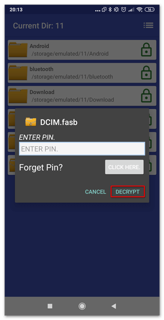 Разблокировка папки в File & Folder Secure для Android