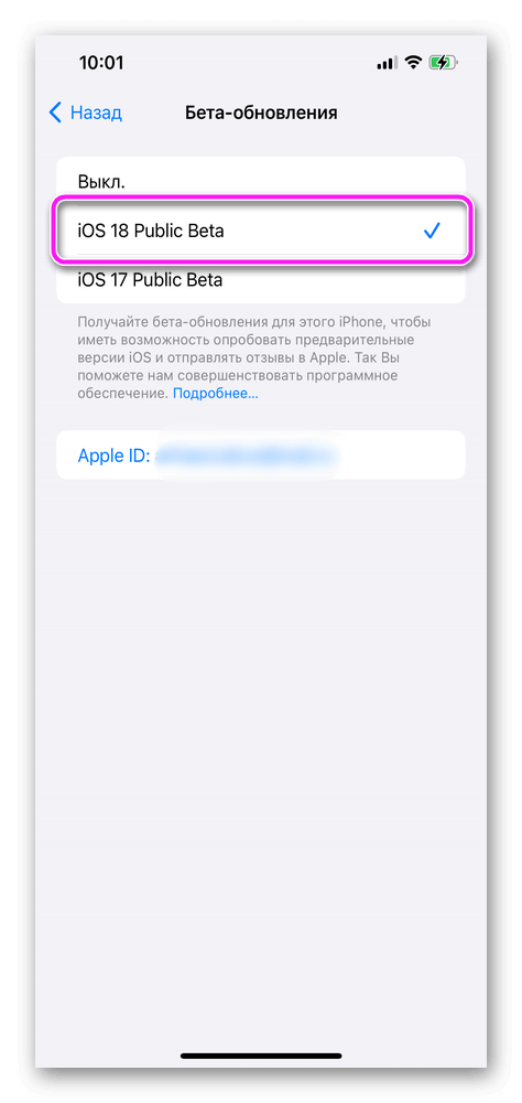 Выбирает Бета-версию IOS 18