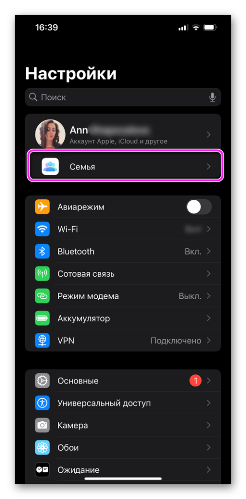 Заходим в настройках Айфона в Семейный доступ или Семья