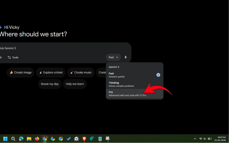 Choosing Pro mode on Gemini
