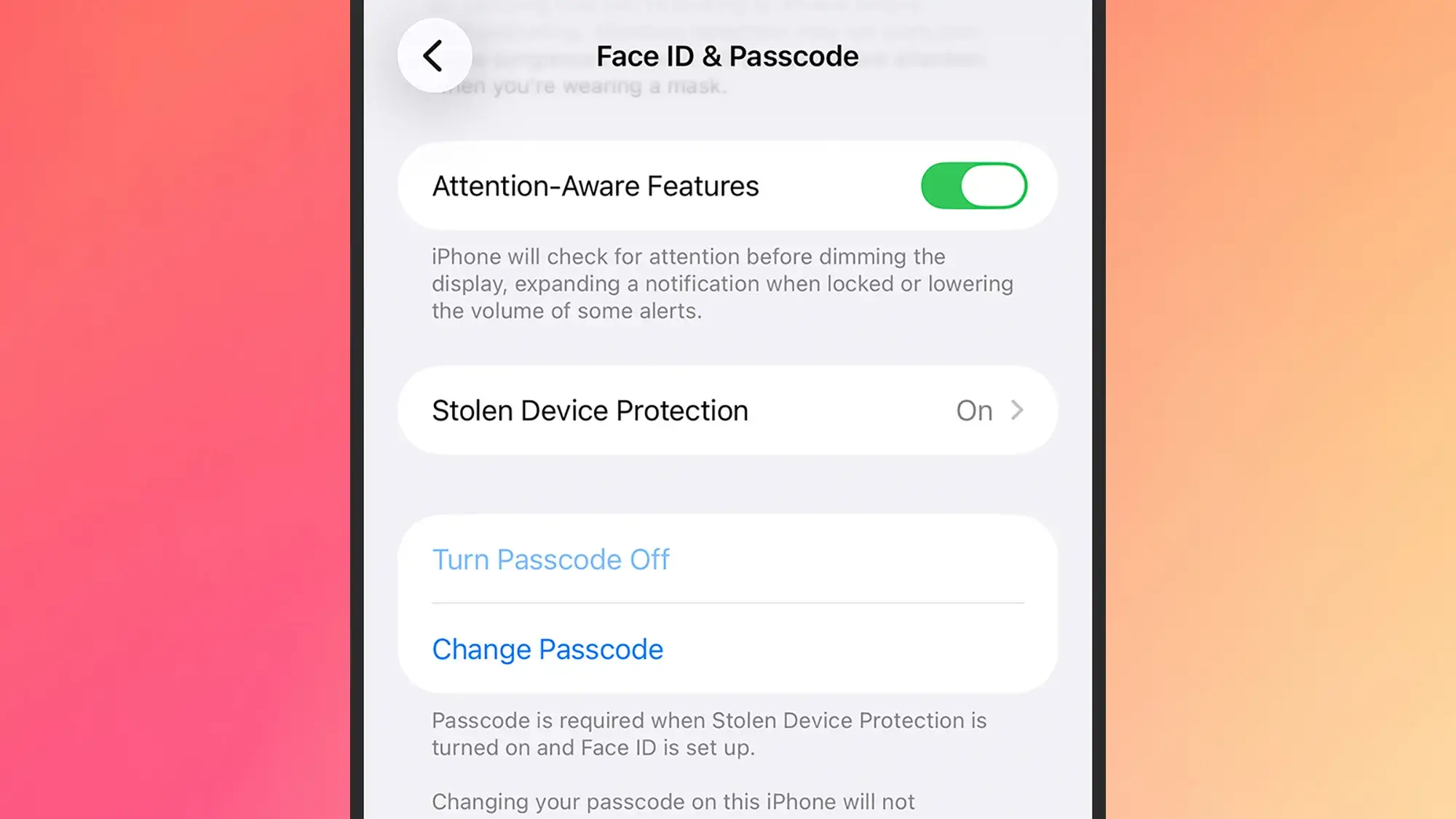 screenshot of attention-aware features settings
