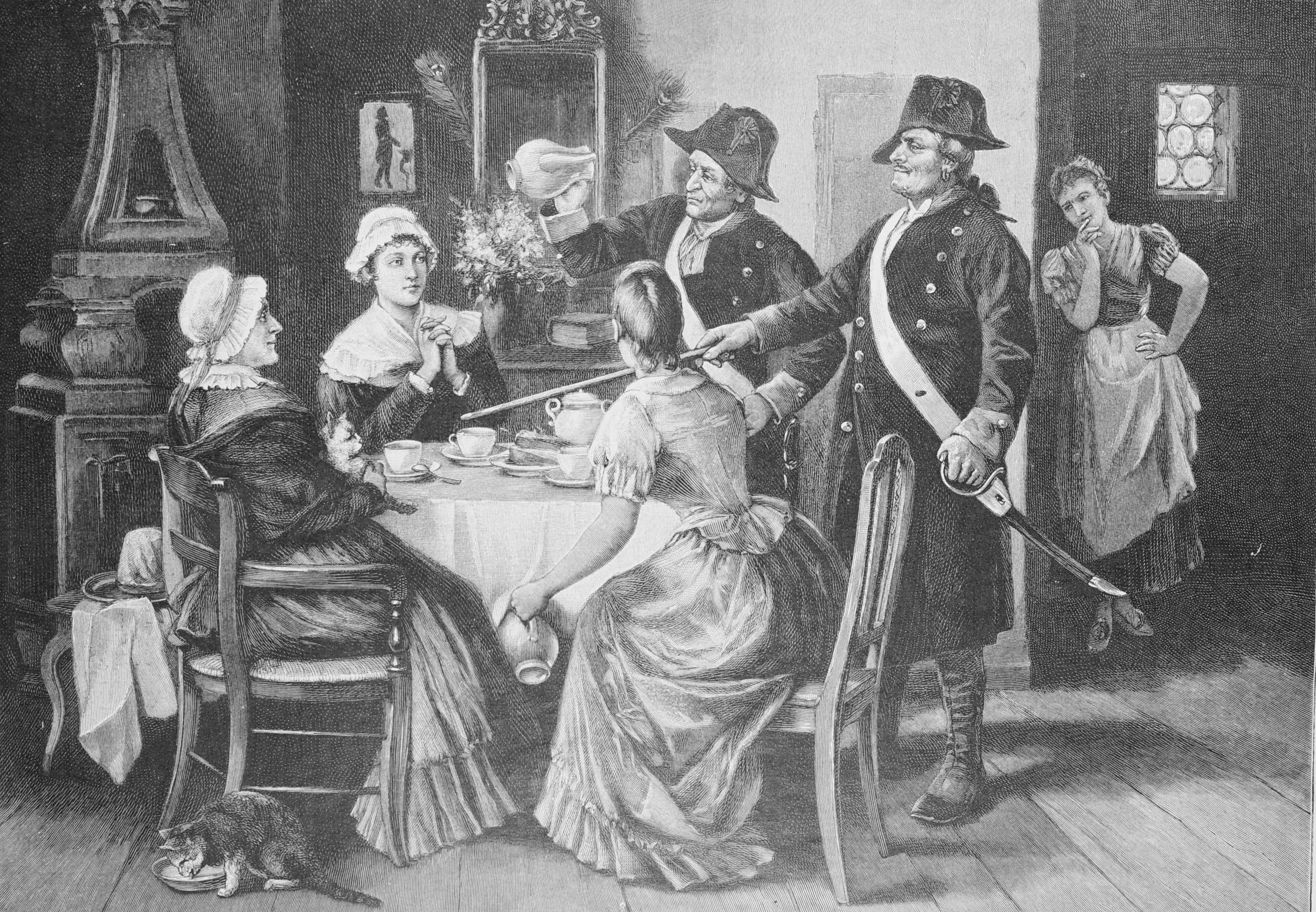 An 18th-century black-and-white engraving titled "Die Kaffeeriecher" (The Coffee Sniffers), based on a painting by Louis Katzenstein.The scene depicts a tense interior where two Prussian officials are searching a home for illegal coffee. In the center, a woman sits at a table while an official in a bicorne hat holds a pitcher to his nose, sniffing for the aroma of roasted beans. A second official stands beside him, holding a long thin rod or pipe and resting his hand on his sword hilt.To the left, an older woman and another younger woman sit at the table with an expression of weary resignation or concern. A cat sits on the lap of the older woman, while another cat drinks from a saucer on the floor. In the background to the right, a young maid watches the scene from a doorway with a hand to her face, looking apprehensive. The room is detailed with a large tiled stove, framed pictures, and a mirror on the wall.