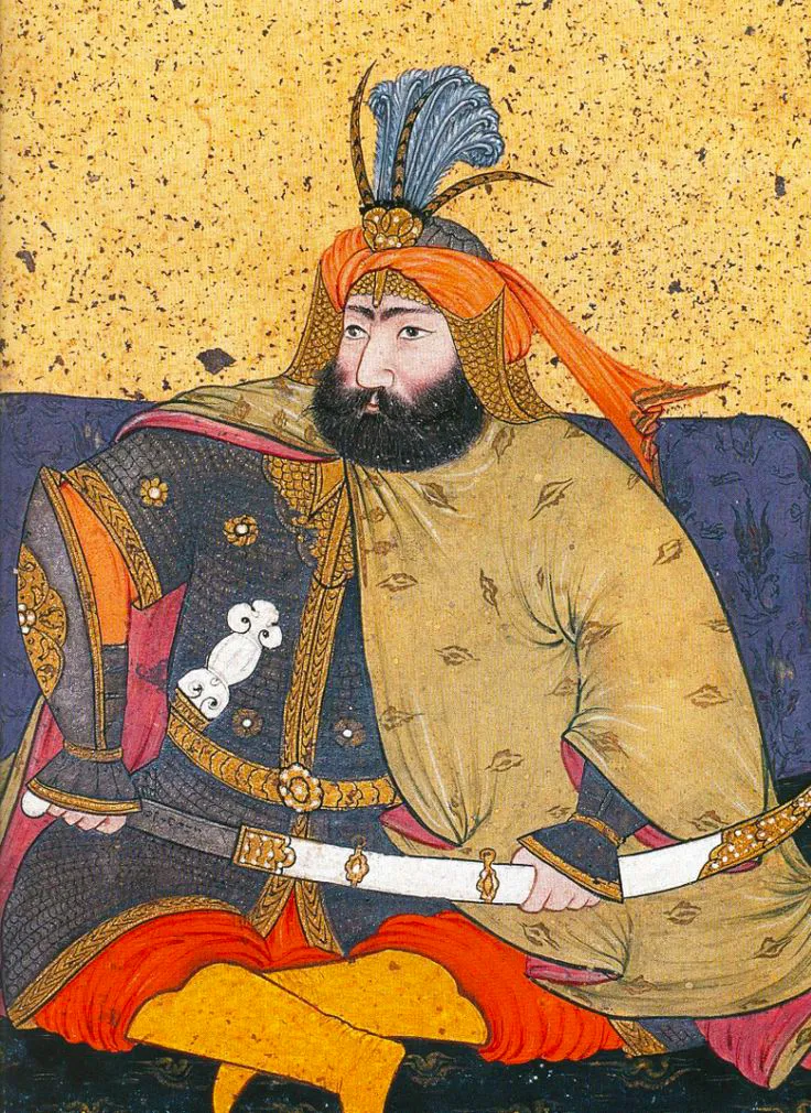 A traditional miniature painting of Sultan Murad IV. He is depicted with a dark beard, wearing a large orange and gold turban adorned with a blue feather. He is dressed in ornate, patterned robes and holds the hilt of a curved sword (scimitar) while seated against a gold-flecked background.