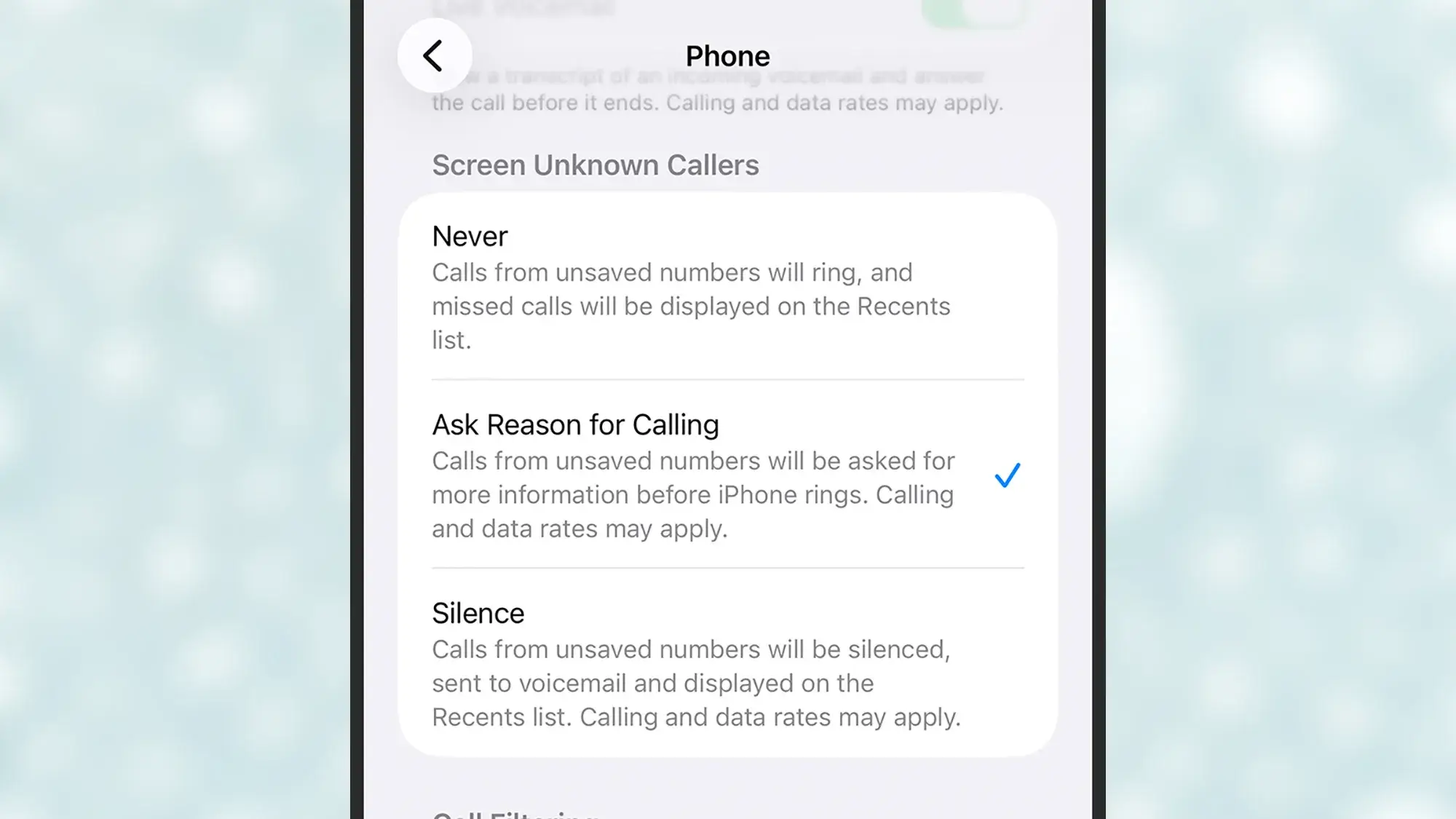 screenshot of phone screening on iphone