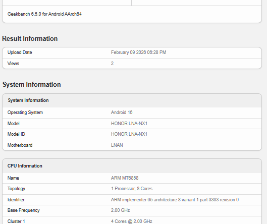 Новый чип Honor 600 Lite от MediaTek был представлен в списке Geekbench