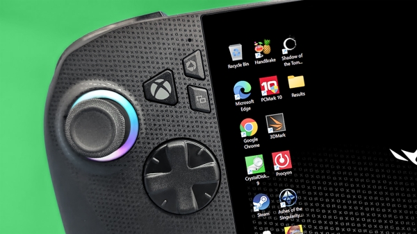 A closeup of the ROG Xbox Ally X&amp;#039;s D-Pad, Xbox button, and joystick.