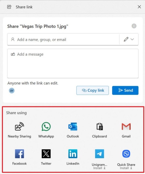 Share using app list for OneDrive file sharing