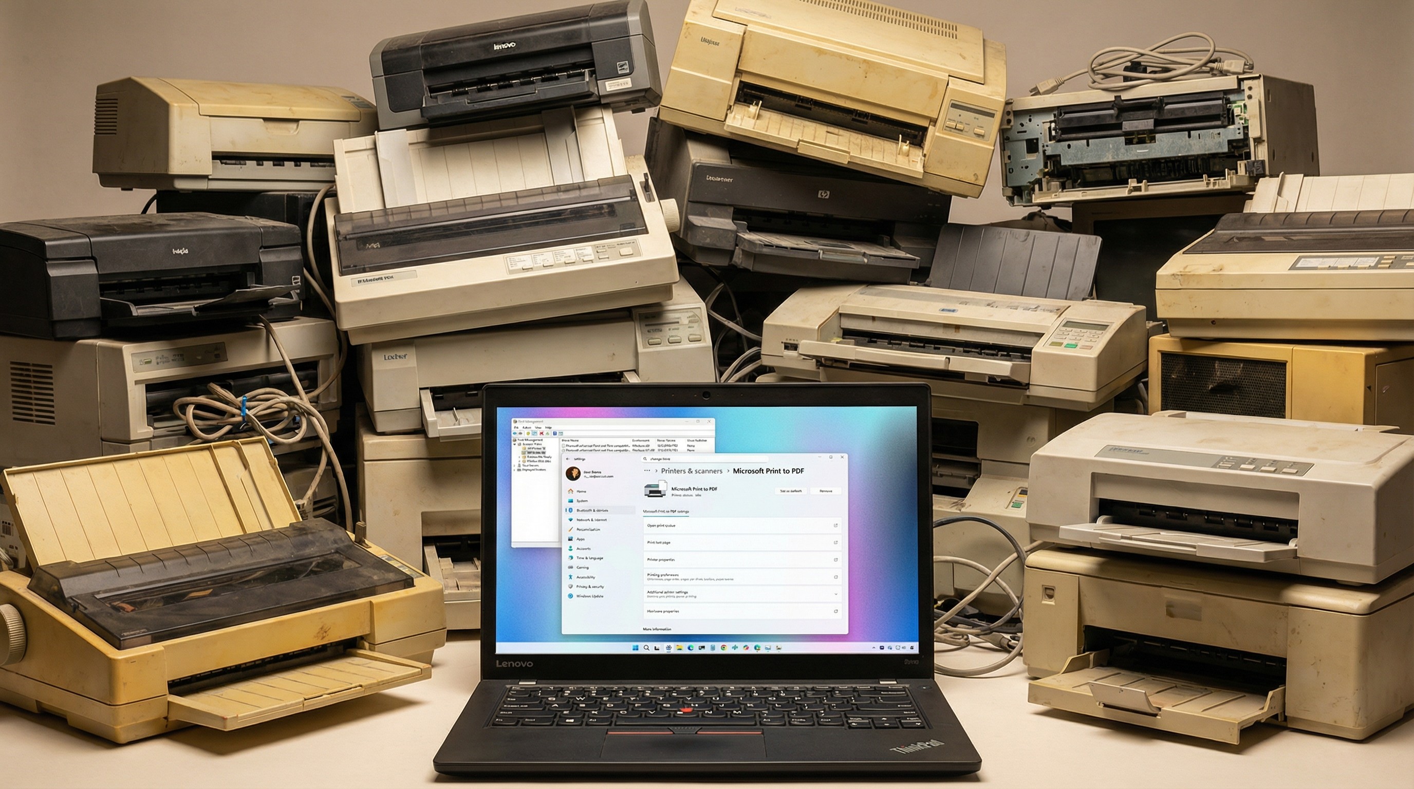 A Lenovo laptop running Windows 11 showing Printer settings with a bunch of old, dusty printers behind the laptop