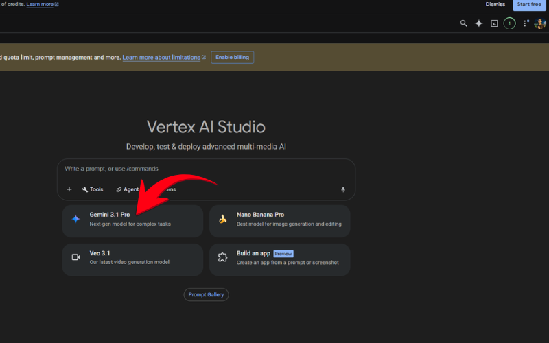 Gemini 3.1 Pro selector on Vertex AI Studio