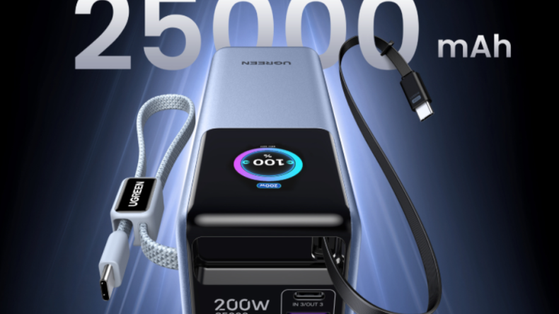 Блок питания Ugreen Nexode Pro емкостью 25 000 мАч оснащен зарядным устройством мощностью 200 Вт и встроенными кабелями USB-C
