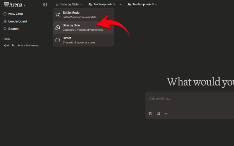 choosing side by side mode on Arena AI