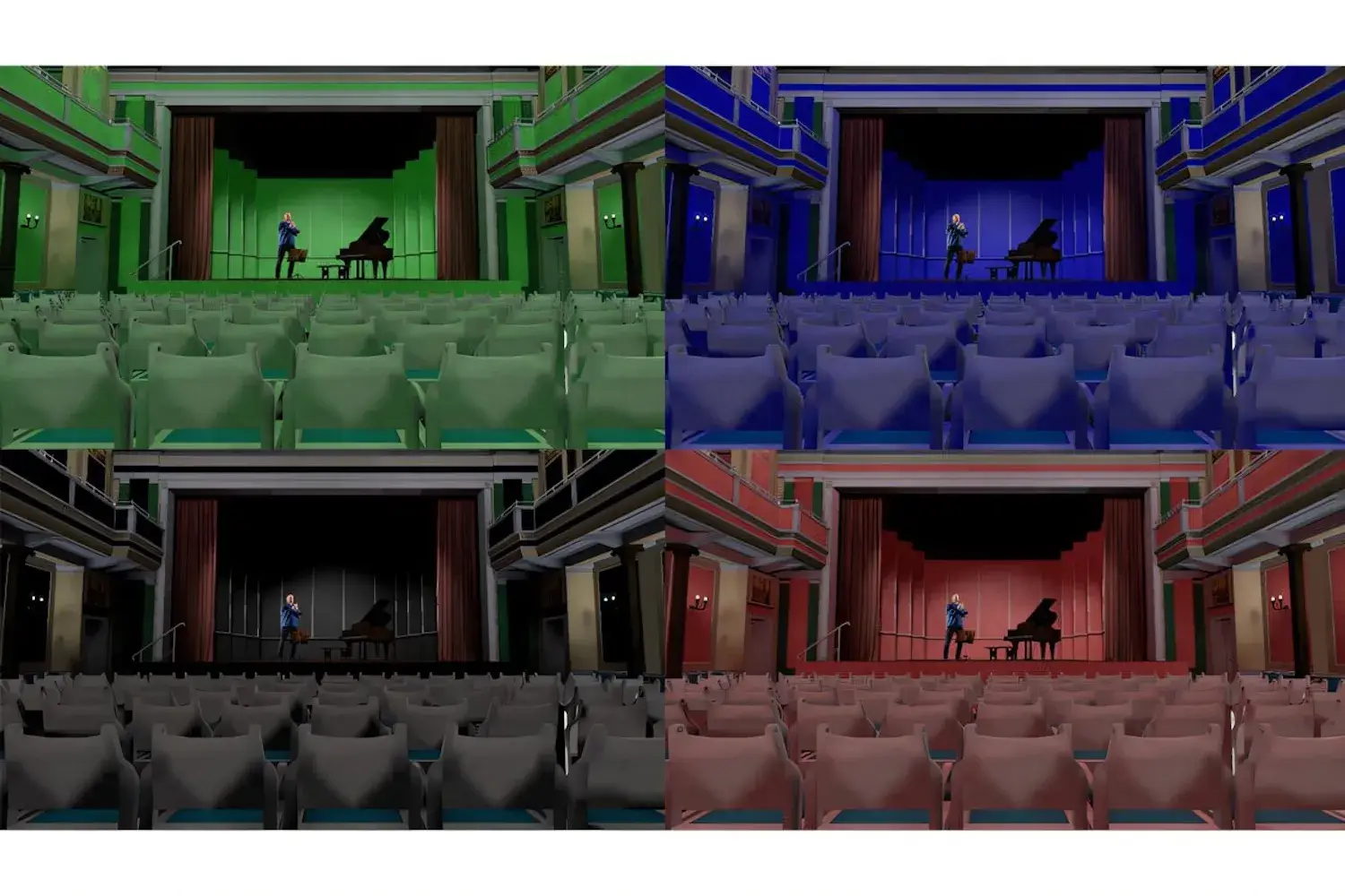 Four screenshots of virtual concerts in theaters with green, blue, dark gray, and red hues