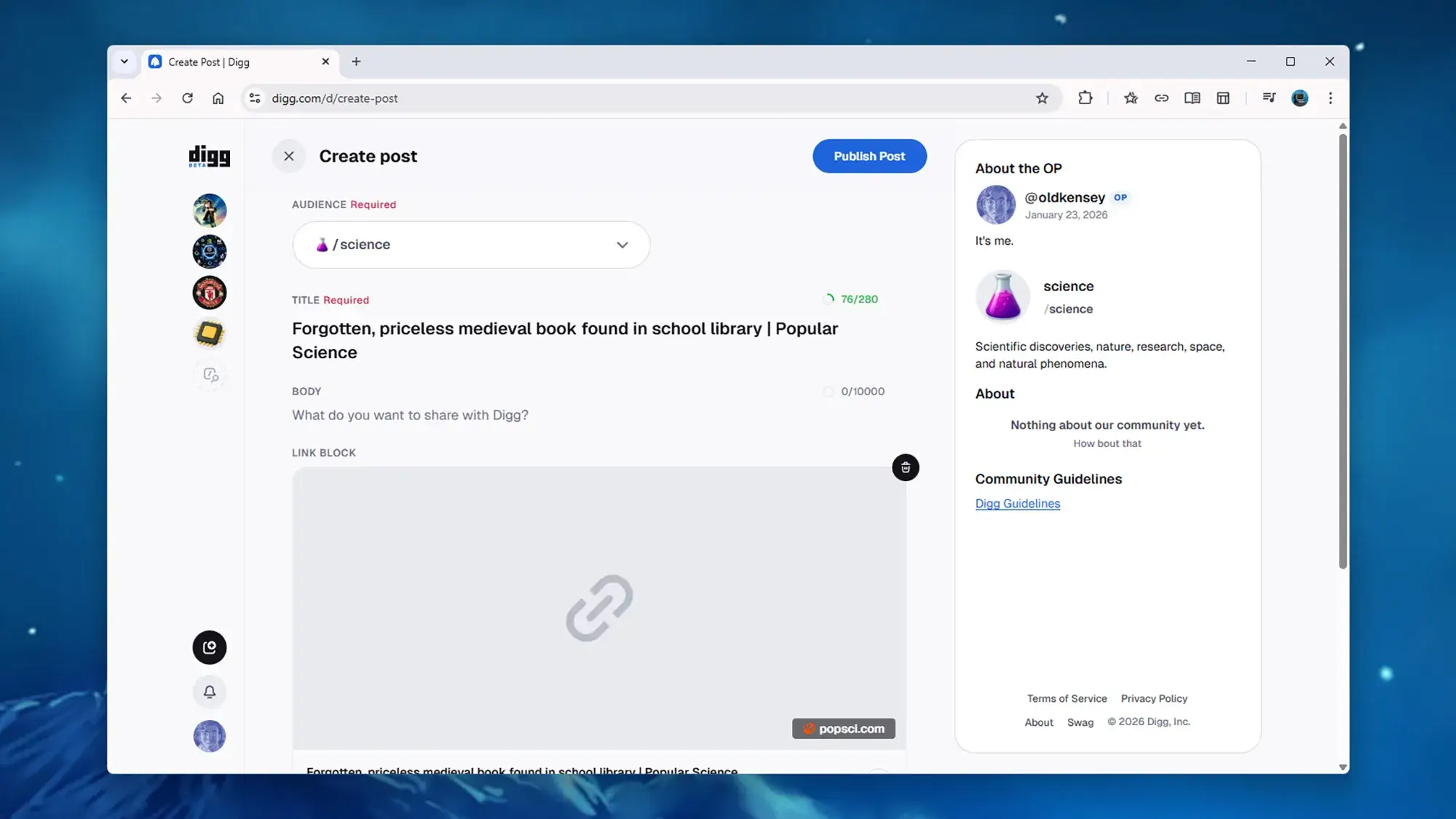 screenshot of create post options on Digg