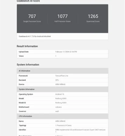 Nothing Phone (4a) работает под управлением Geekbench с чипом Snapdragon и 12 ГБ оперативной памяти