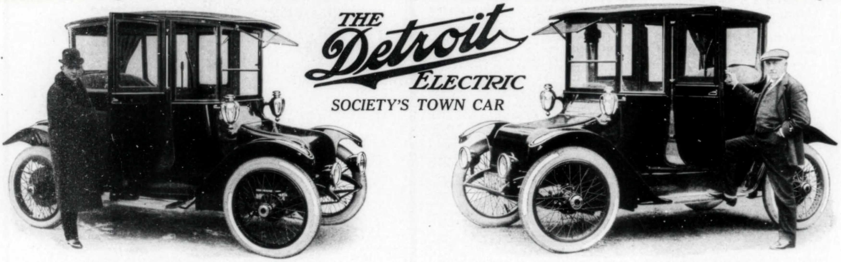 A vintage, black-and-white promotional advertisement for The Detroit Electric car, featuring two of history's most famous innovators.The image shows a split composition:On the left: Henry Ford stands beside a dark, high-roofed Detroit Electric vehicle.On the right: Thomas Edison poses with one foot on the running board of a matching car.In the center: The stylized cursive logo for "The Detroit Electric" is displayed above the slogan, "SOCIETY'S TOWN CAR."Both men are dressed in early 20th-century formal attire, emphasizing the vehicle's branding as a sophisticated and reliable choice for the era's elite.