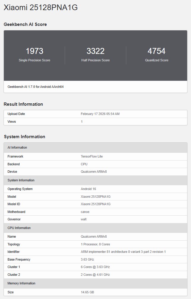 Xiaomi 17 Ultra Leica Leitzphone (global version - 25128PNA1G) appears on Geekbench AI