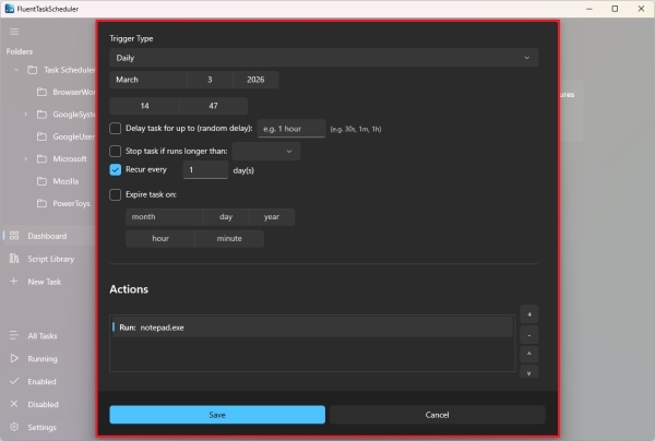 FluentTaskScheduler create task UI