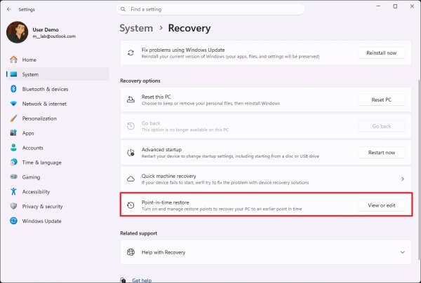 Point-in-time restore setting