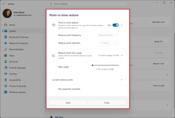 Point-in-time restore settings modern design
