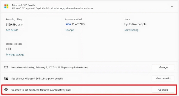 Microsoft 365 Family upgrade option in Settings