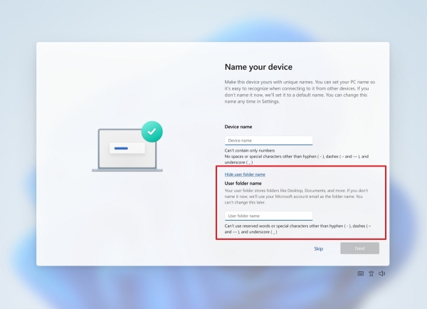 OOBE change user folder name UI