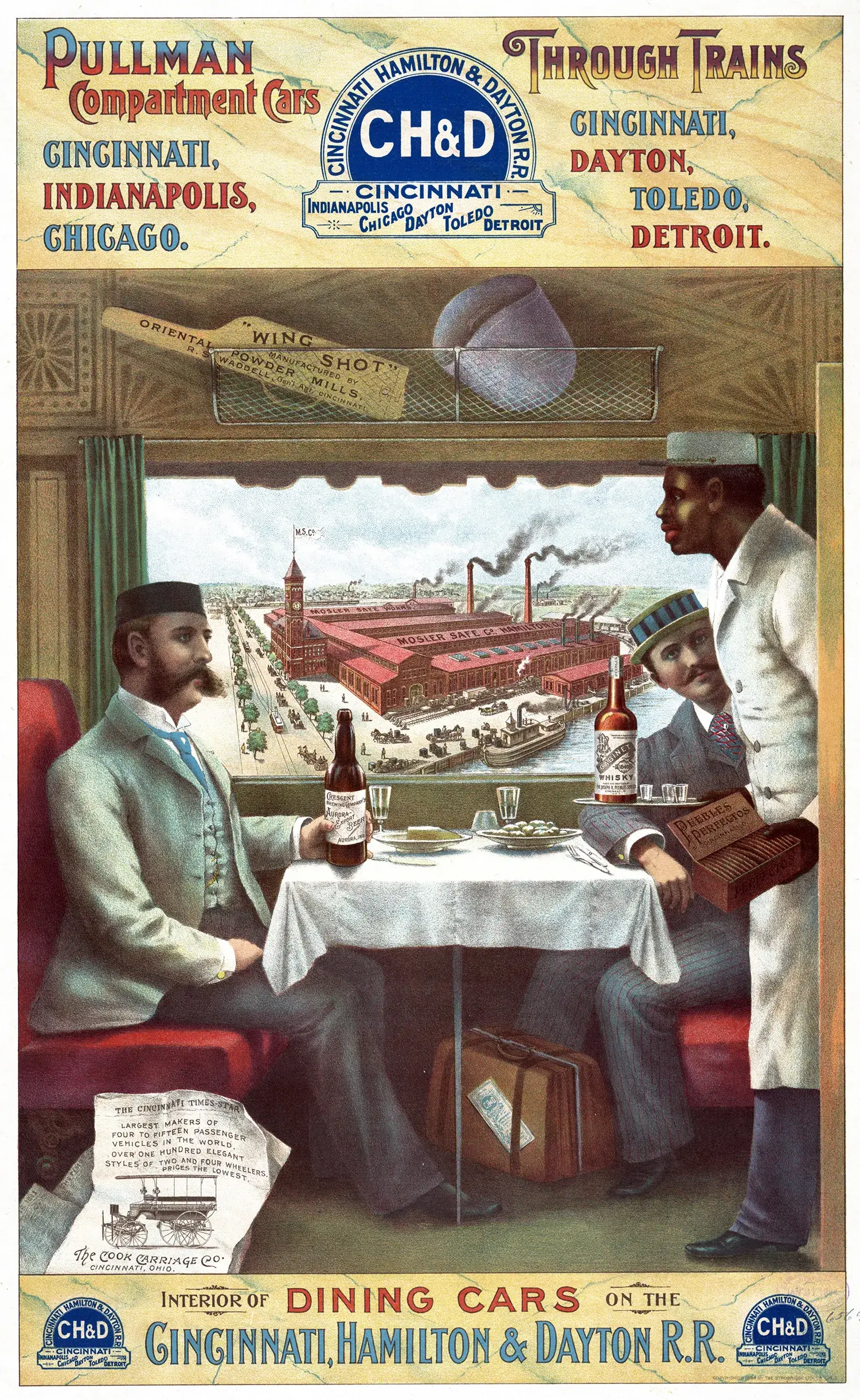 Интерьер вагон-ресторана Pullman в Цинциннати, 1894 год. Печать показывает двух мужчин сидящих за столом в вагоне ресторана поезда, обслуживаемых чернокожим проводником. Через окно видна компания Мослера Сейф Компани в Цинциннати.