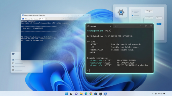 Коллаж окна команды 'Получить помощь' и окон Windows 11