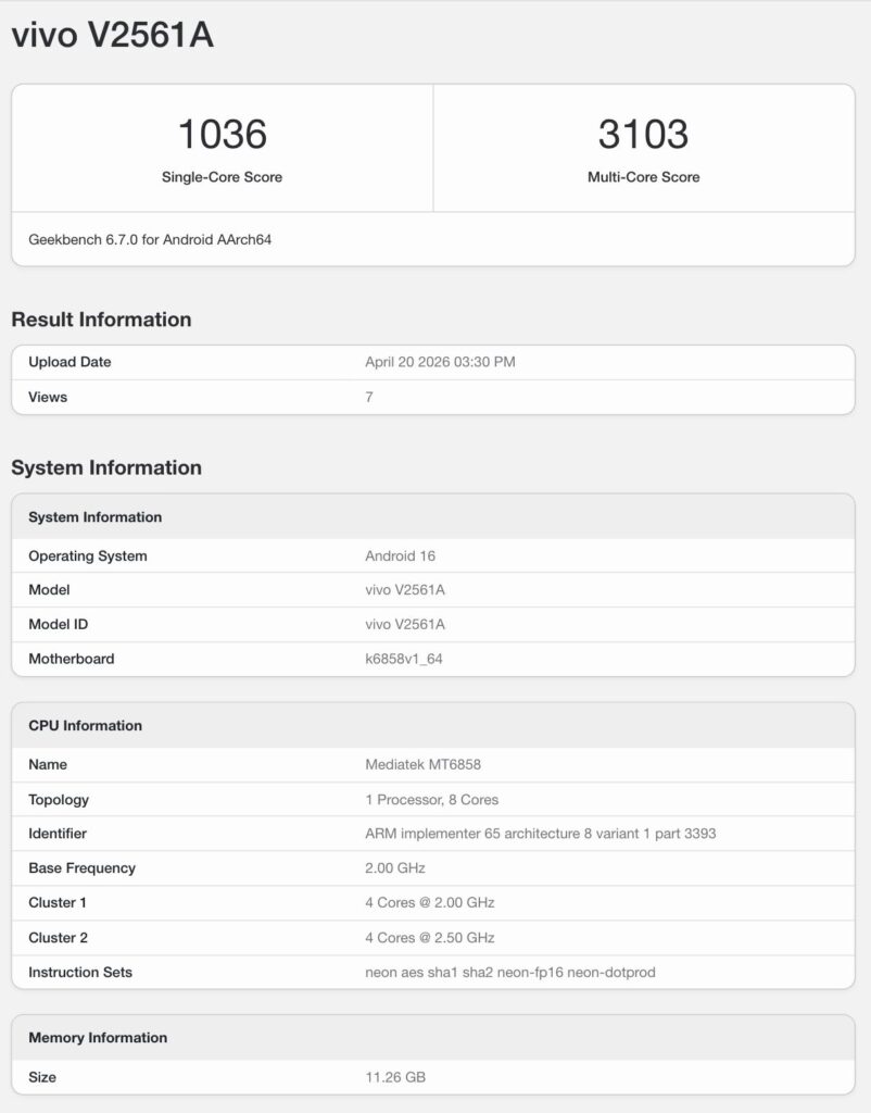 VIvo Y600 Pro Geekbench listing