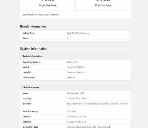 Список OnePlus Nord CE 6 Lite в бенчмарке подтверждает наличие SoC от MediaTek