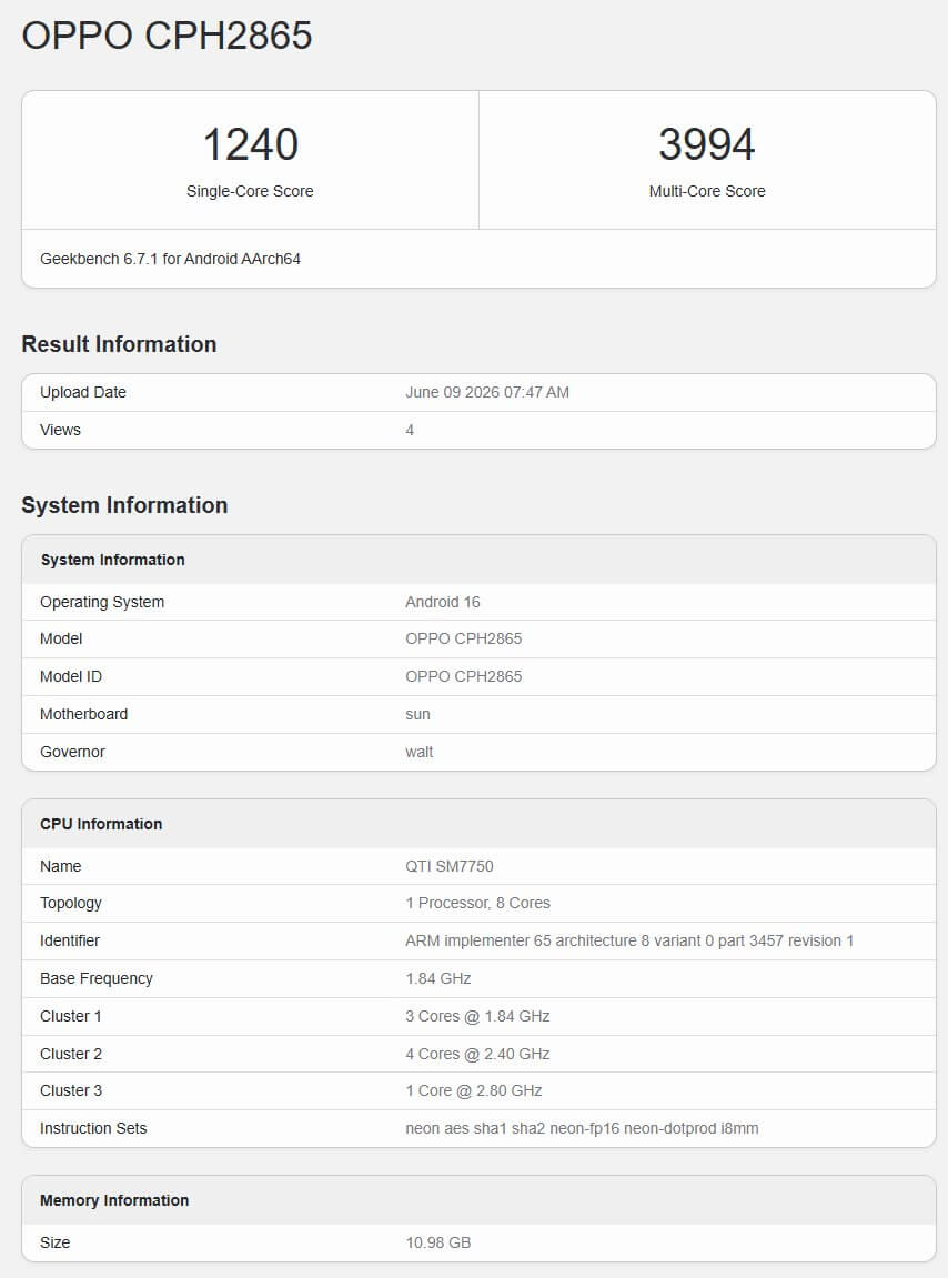 Oppo Reno 16 5G Geekbencch-