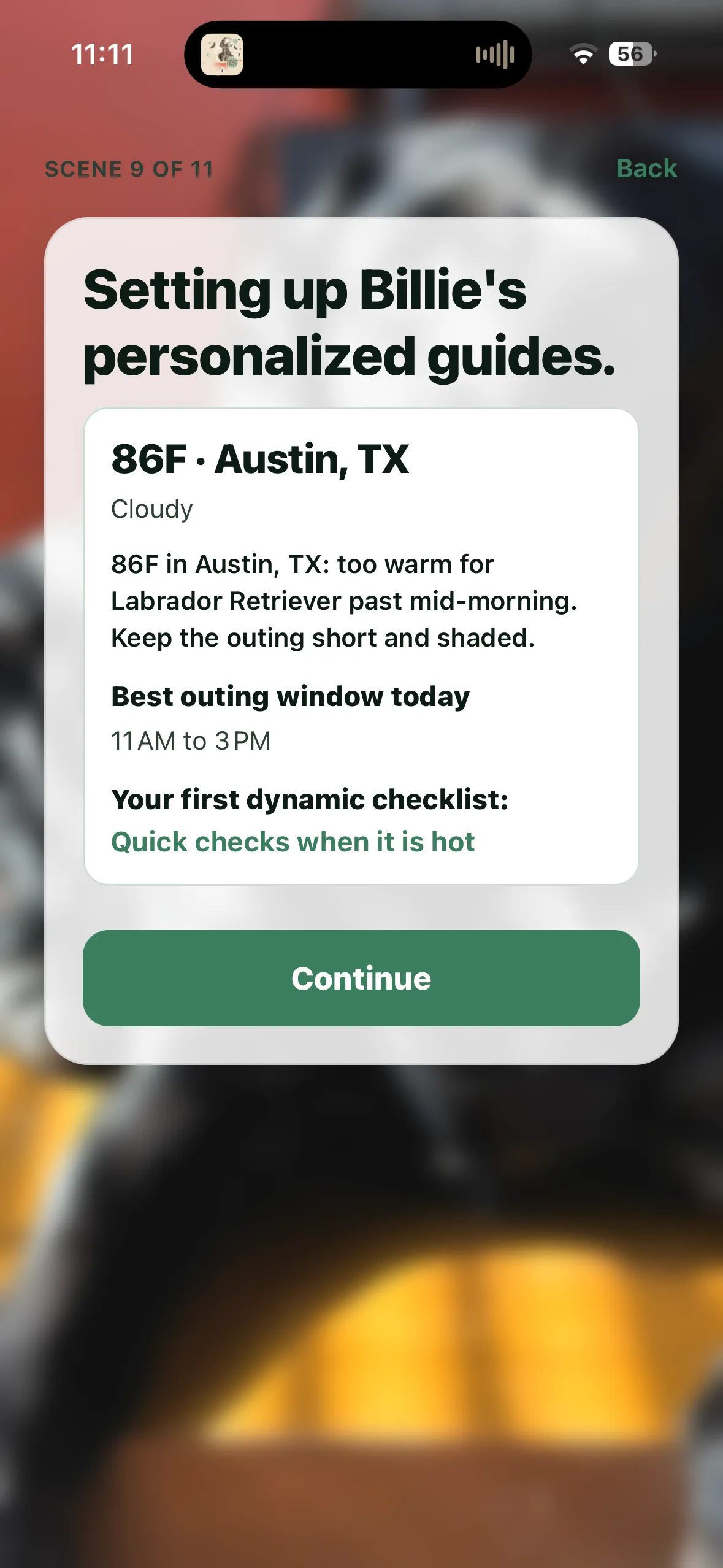a screen shot of an iphone showing an app that reads "setting up billie's personalized goals"
