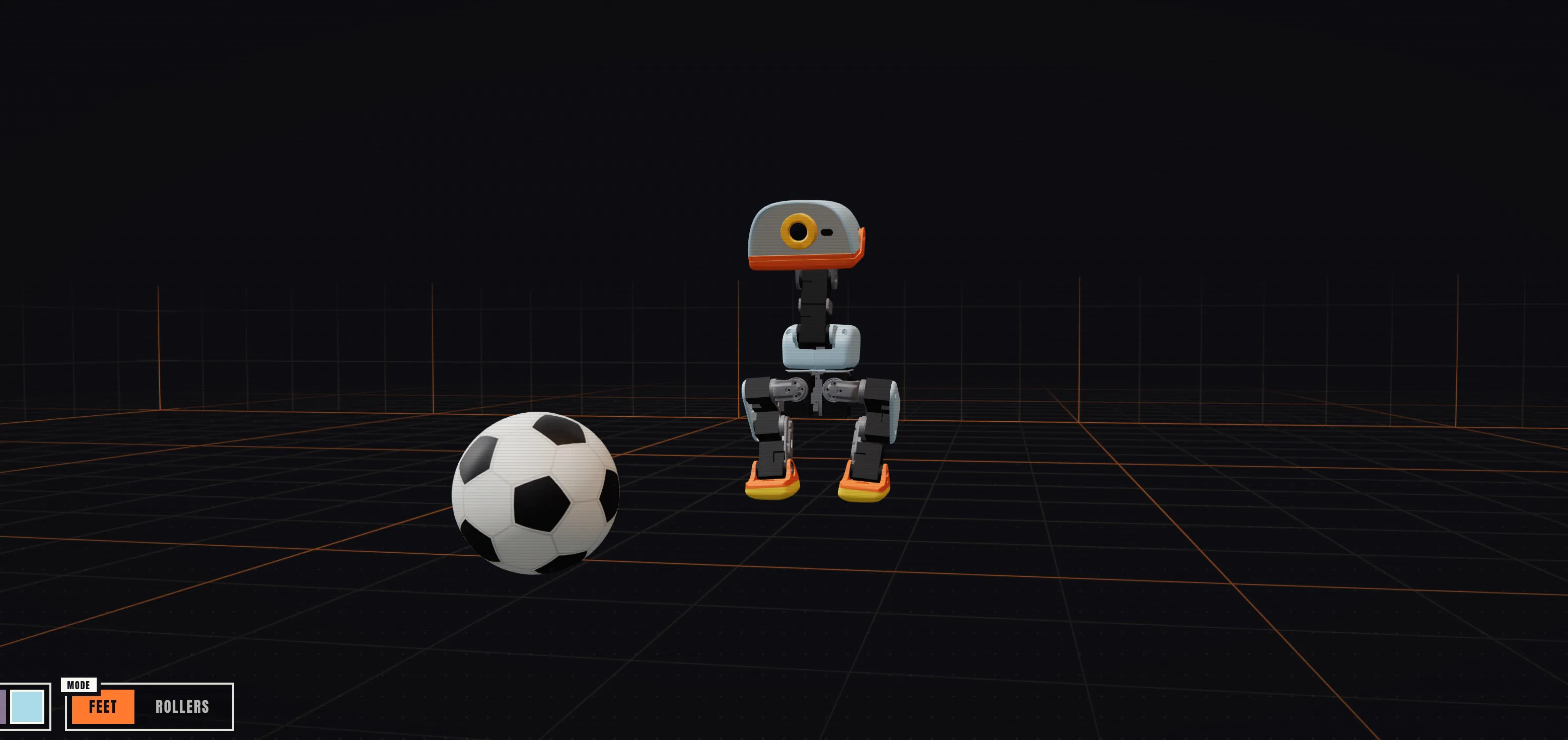 a simulated image of a robot with two legs and one eye standing on a black grid and moving towards a soccer ball