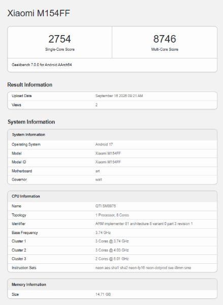 Xiaomi 18 Pro Chinese Geekbench