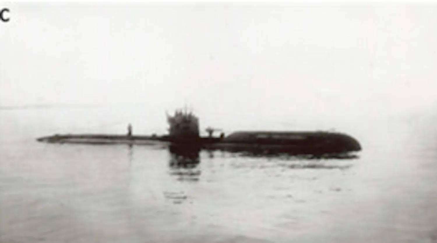 Grainy black and white photo of UC-30 at sea