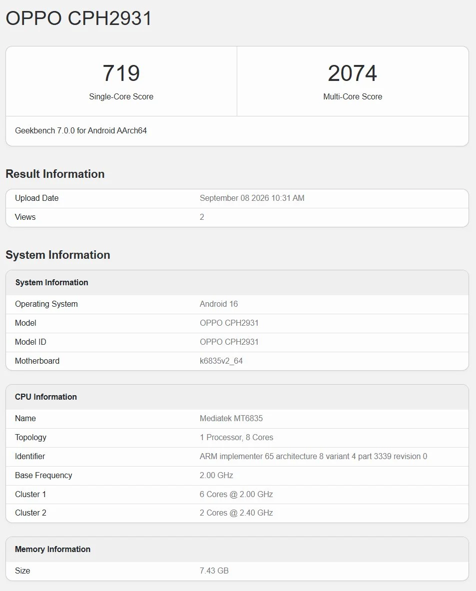 Oppo A7 Pro 5G Geekbench listing