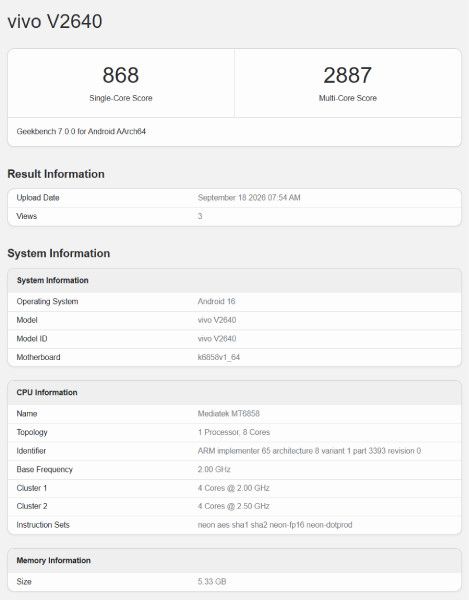 Vivo V2 FE Geekbench
