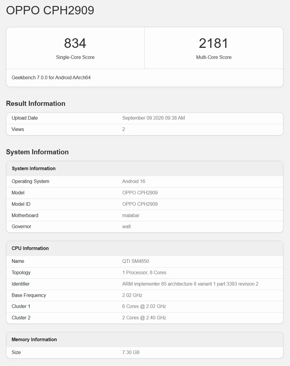Oppo A7 Pro Max 5G Geekbench listing