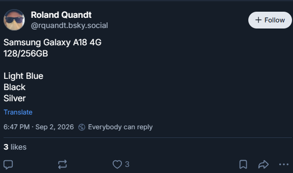 Samsung Galaxy A18 4G: появились данные о памяти и цветах