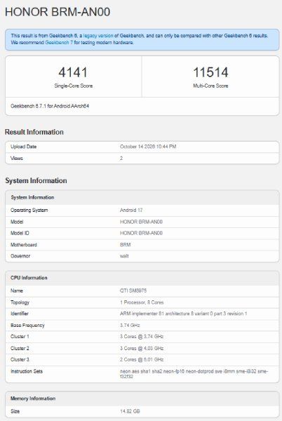Honor Win 2 Geekbench
