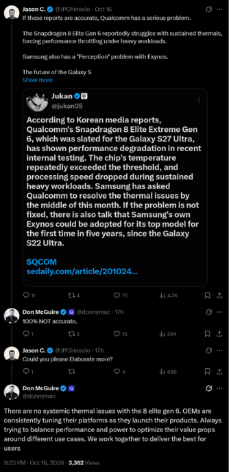 Qualcomm CMO reply on Snapdragon 8 Elite Extreme Gen 6 heating rumors
