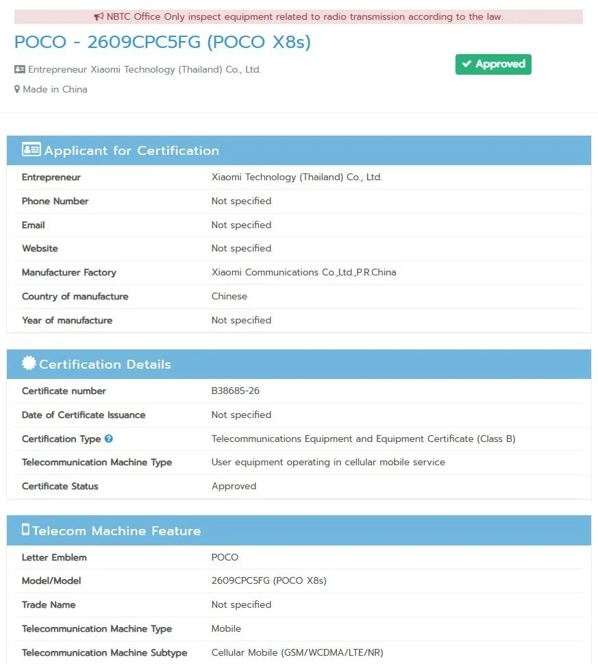 Poco X8s NBTC listing