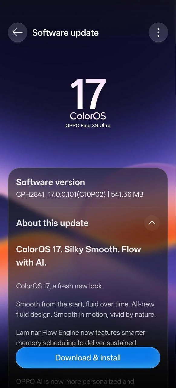 Oppo Find X9 Ultra ColorOS 17 update
