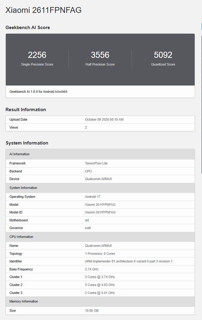 XXIaomi 18 Pro Max Geekbench AI