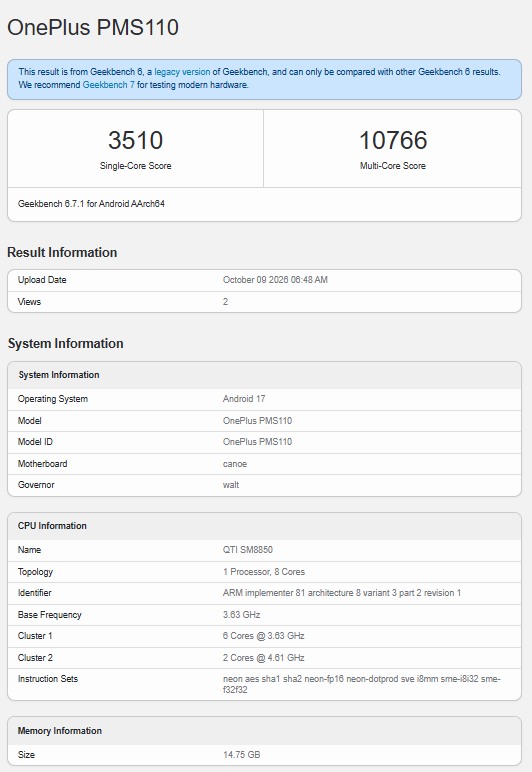 OnePlus PMS110 Geekbench