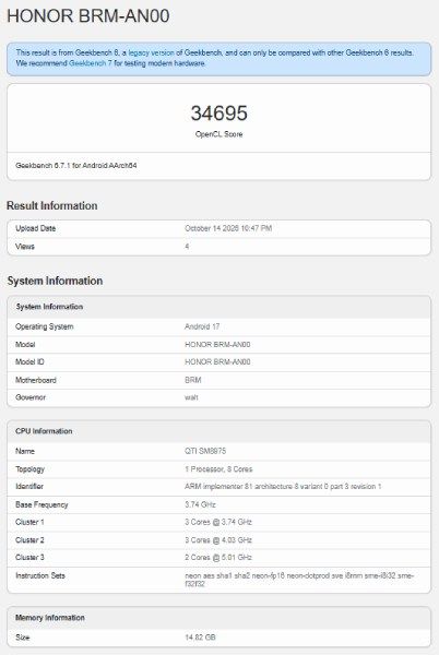 Honor Win 2 OpenCL benchmark
