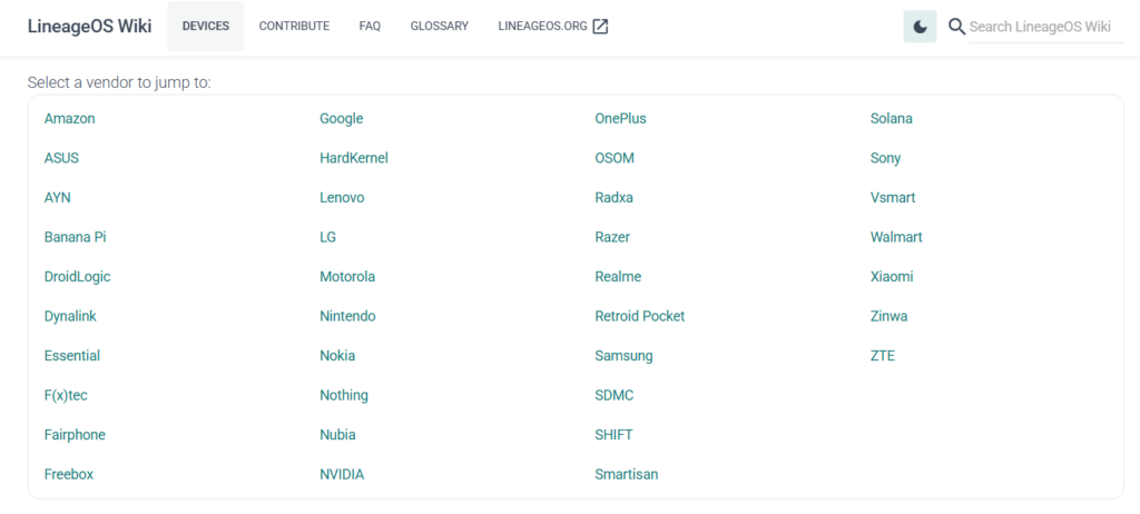 LineageOS supported brands