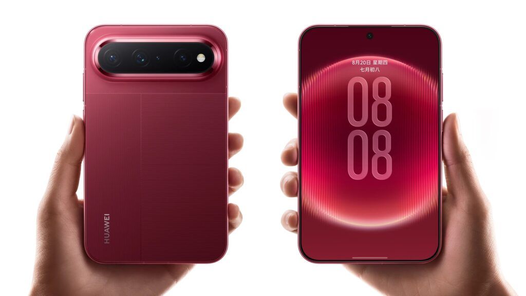 Hands holding the red Huawei Pura X View smartphone showing front and back views.